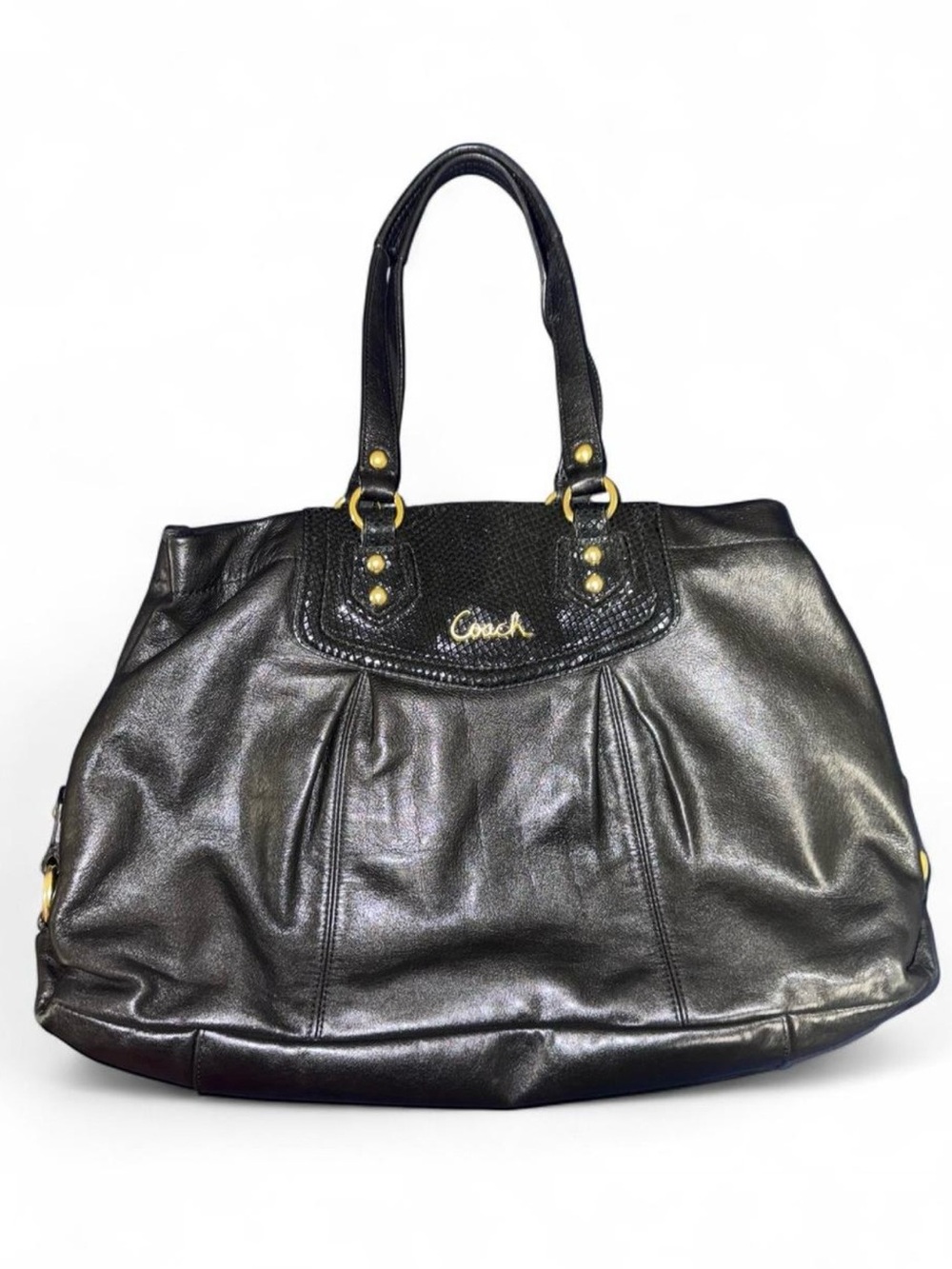 Coach Black Leather Tote with Gold Hardware
